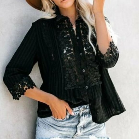 LAST! Bohemian Lace Button Front Blouse - Picture 3 of 7